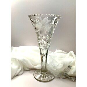 Vintage Crystal Cut/Etched Vase with Flowers & Leaves, sm. chip on foot as shown